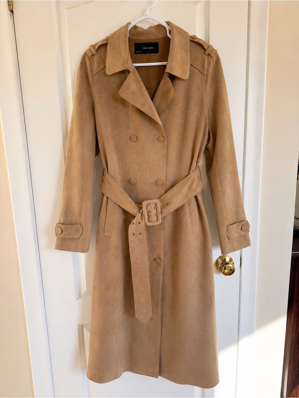 Zara Faux Suede Trench Coat Camel Tan Belted Long Coat Size M